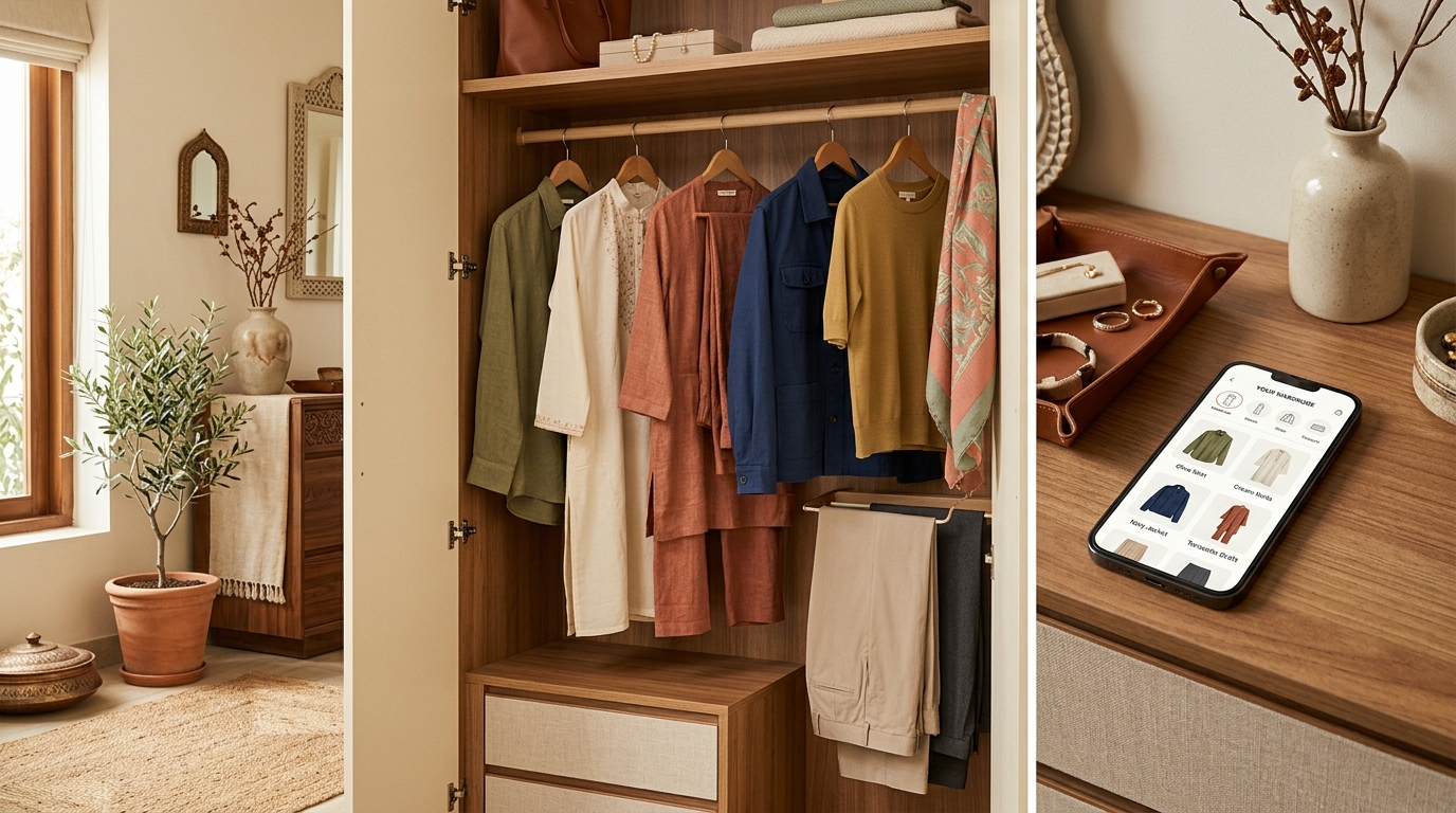 Curated physical wardrobe with olive shirt, cream kurta, terracotta outfit, and digital wardrobe phone interface