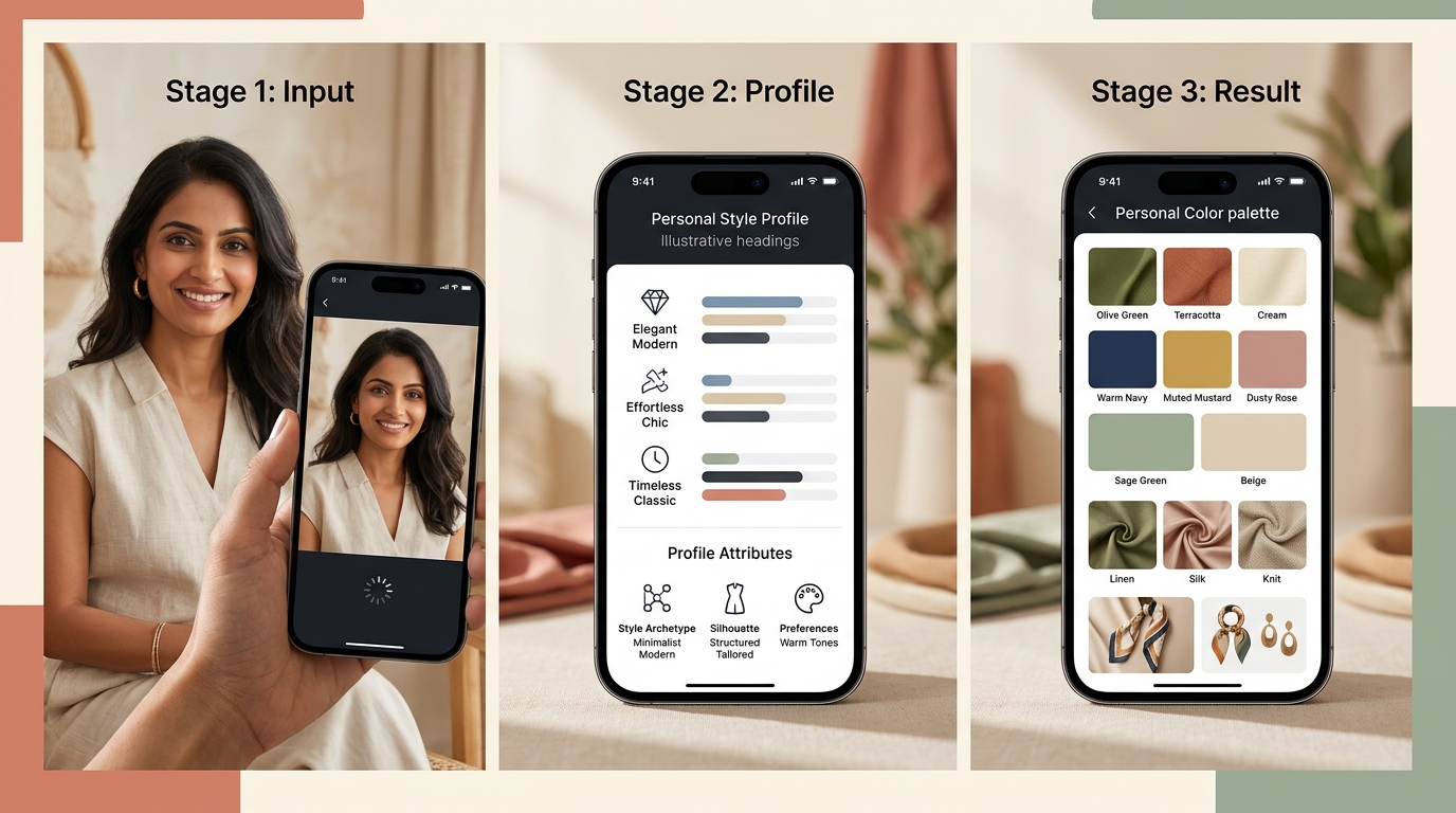 Three-stage AI personal styling journey: selfie upload, personal style profile, and curated color palette